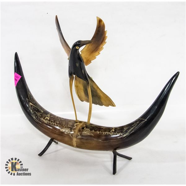 VINTAGE ASIAN HANDCARVED WATER BUFFALO HORN