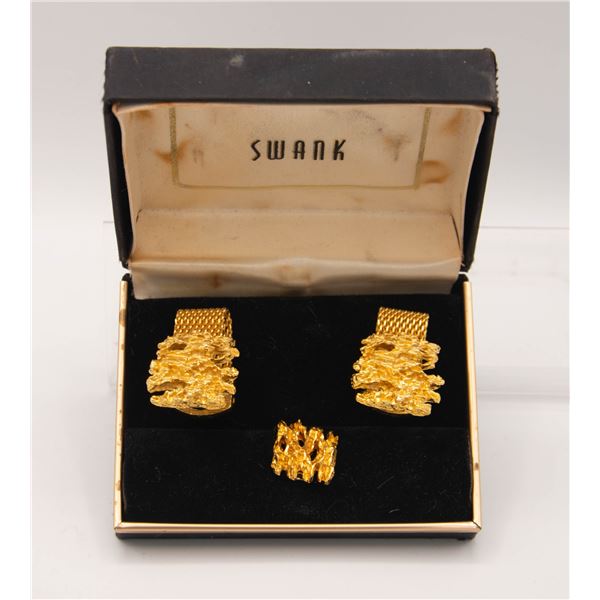 SWANK "GOLD" NUGGET CUFF LINKS AND TIE PIN IN