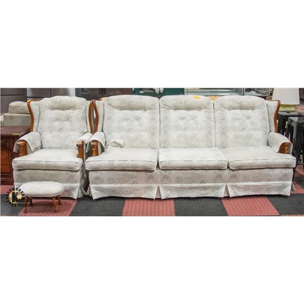 VINTAGE UPHOLSTERED WOOD FRAMED CHAIR AND SOFA