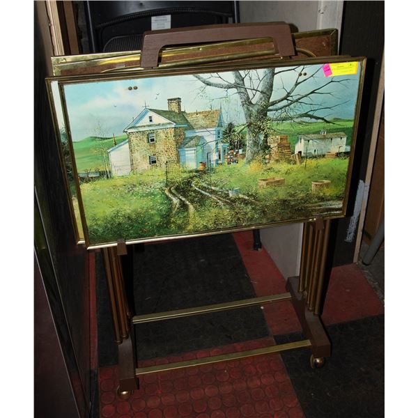 VINTAGE TV TRAYS ON ROLLING STAND