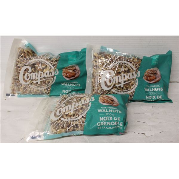 3 BAGS OF CALIFORNIA WALNUTS 300G COMPASS BB 06/24