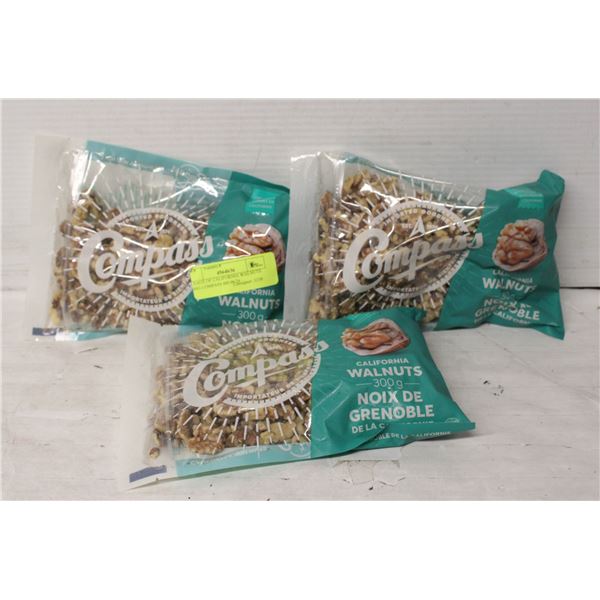 3 BAGS OF CALIFORNIA WALNUTS 300G COMPASS BB 06/24