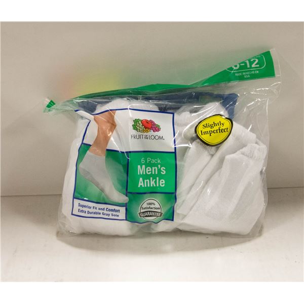 ANKLE SOCKS WHITE 6-12 SIZE 6-PACK FRUIT OF