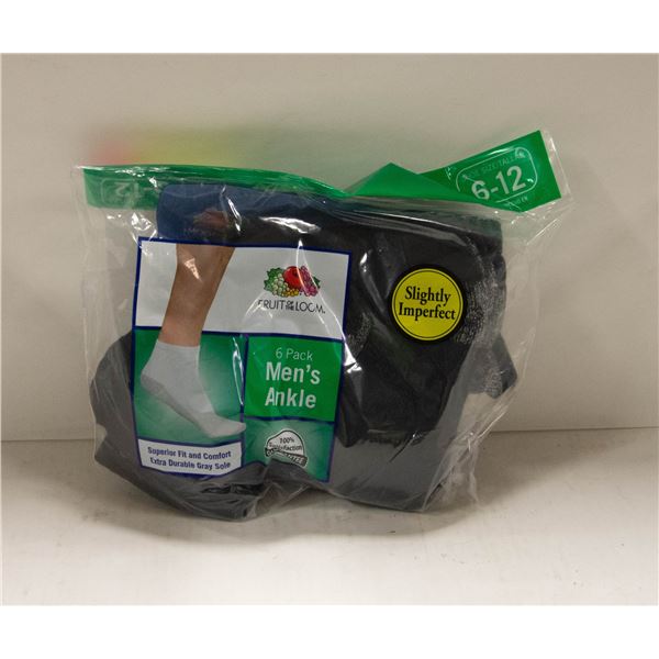 BLACK ANKLE SOCKS 6-12 SIZE 6-PACK FRUIT OF