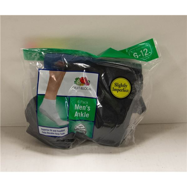 BLACK ANKLE SOCKS 6-12 SIZE 6-PACK FRUIT OF