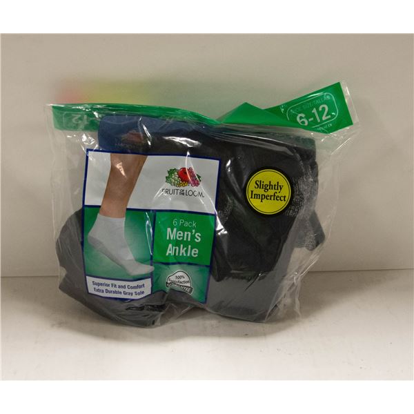 BLACK ANKLE SOCKS 6-12 SIZE 6-PACK FRUIT OF