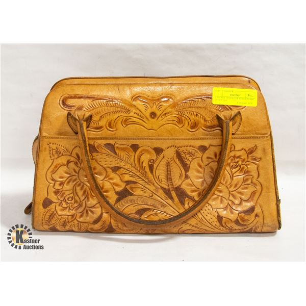VINTAGE TOOLED LEATHER PURSE 15' X 9" X 6"