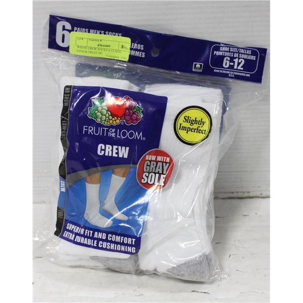 WHITE CREW SOCKS 6-12 SIZE 6-PACK FRUIT OF