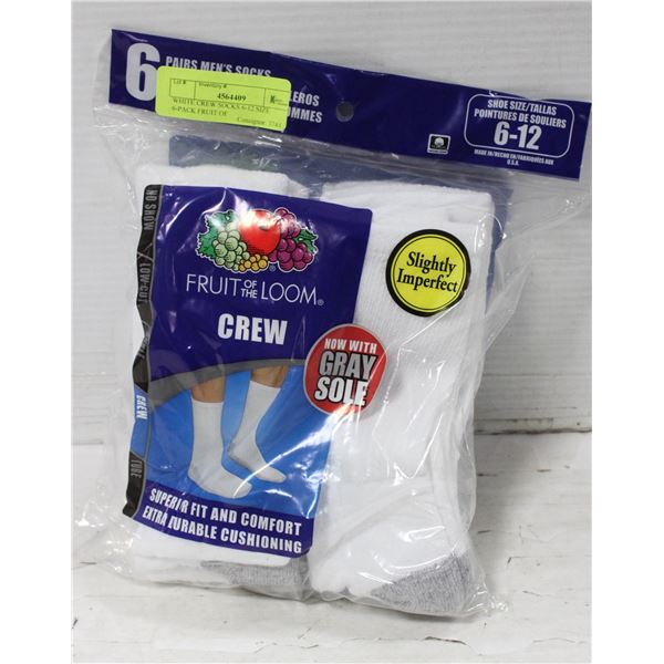 WHITE CREW SOCKS 6-12 SIZE 6-PACK FRUIT OF