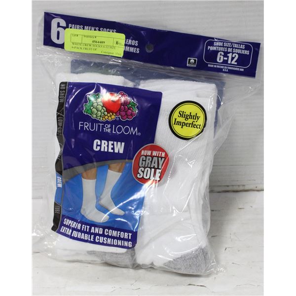 WHITE CREW SOCKS 6-12 SIZE 6-PACK FRUIT OF