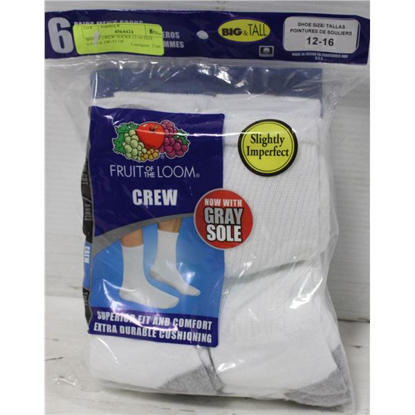 WHITE CREW SOCKS 12-16 SIZE 6-PACK FRUIT OF