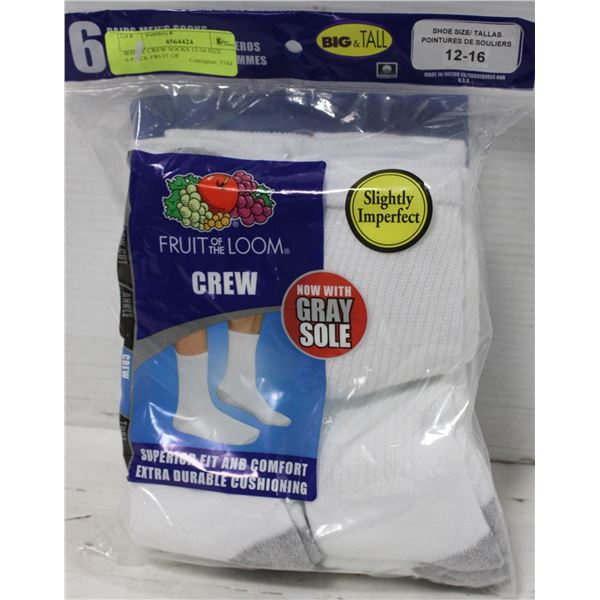 WHITE CREW SOCKS 12-16 SIZE 6-PACK FRUIT OF