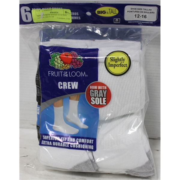 WHITE CREW SOCKS 12-16 SIZE 6-PACK FRUIT OF