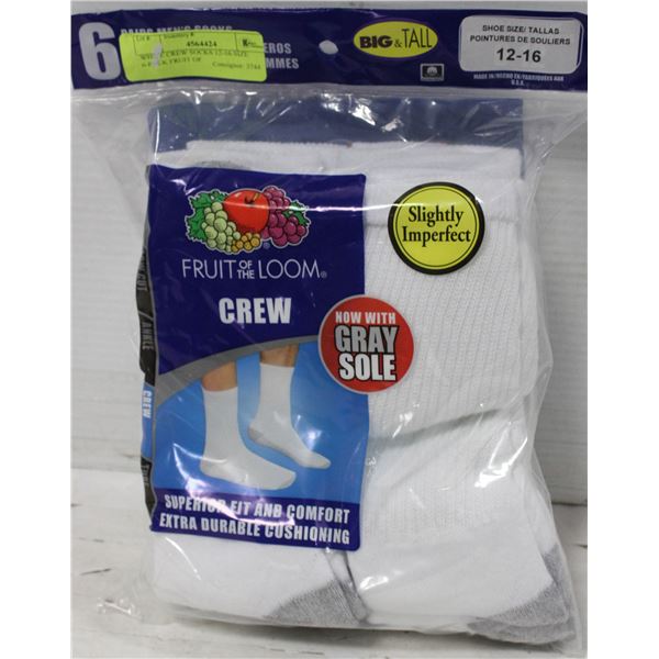 WHITE CREW SOCKS 12-16 SIZE 6-PACK FRUIT OF