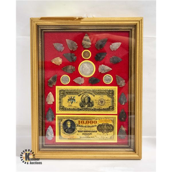 FRAMED DISPLAY OF ARROWHEADS COINS ETC 11.25" X
