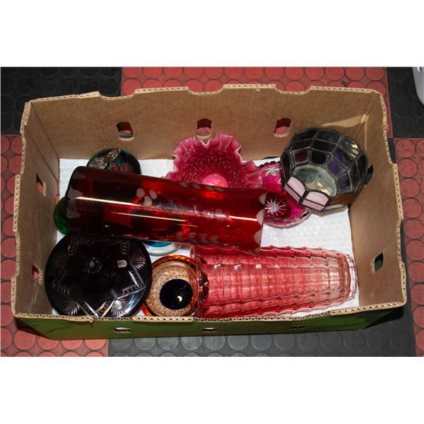 BOX OF ASSORTED COLORED GLASS/CRYSTAL DECOR