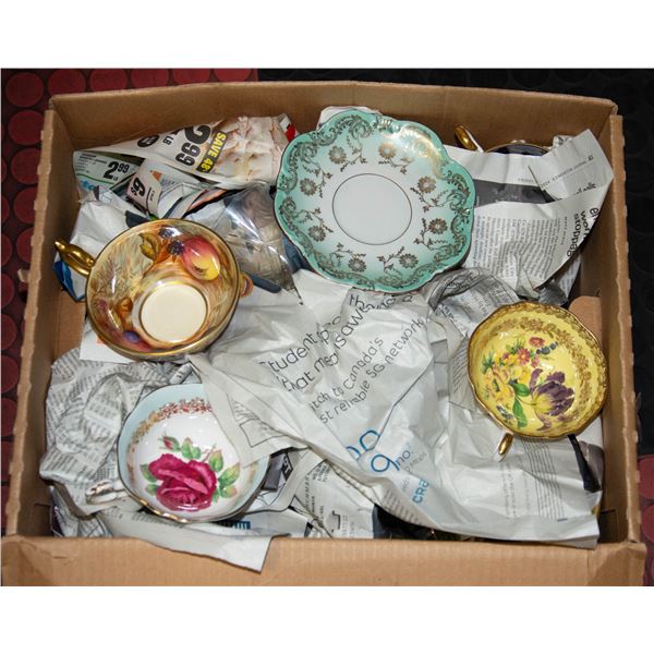 BOX LOT OF ASSORTED ESTATE TEA CUPS AND SAUCERS