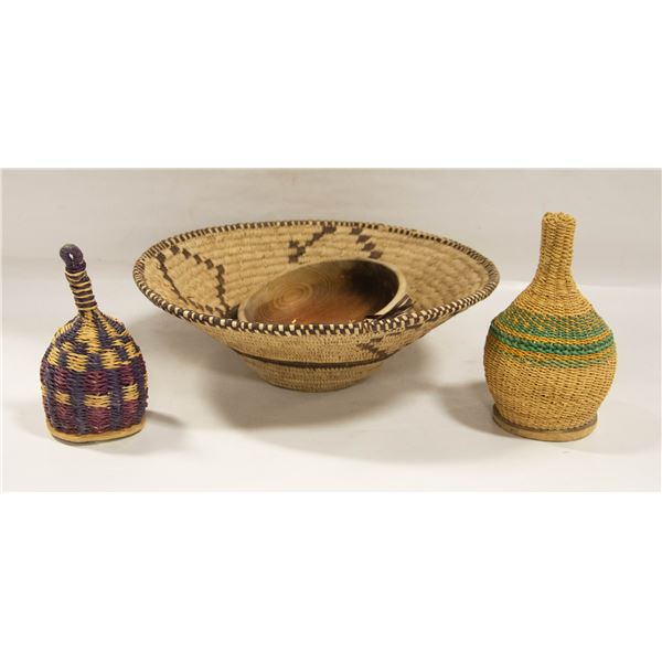 ABORIGINAL DENE SAGE GATHERING BASKET, RATTLES,
