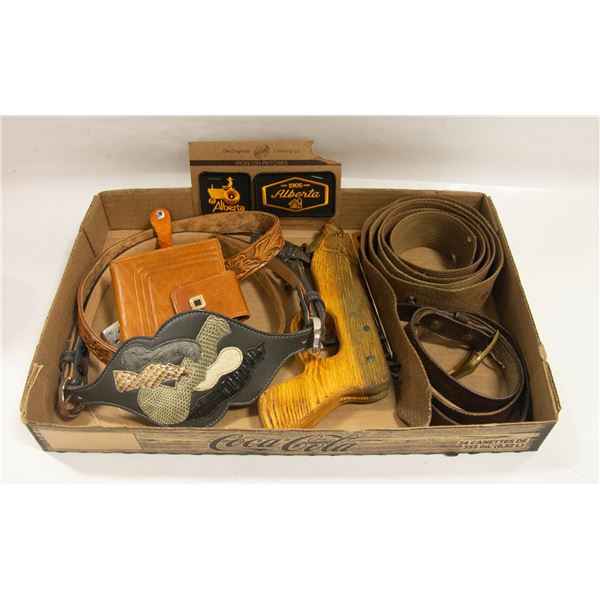 ELASTIC GUN, LEATHER BELTS, HAT BAND, & COWBOY
