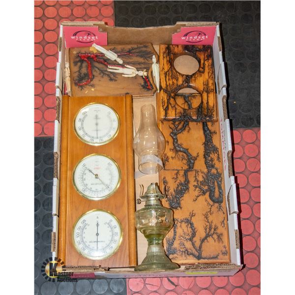 VINTAGE CLEAR GLASS OIL LAMP, BAROMETER