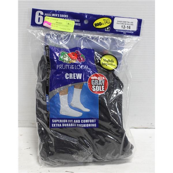 BLACK CREW SOCKS 12-16 SIZE 6-PACK FRUIT OF