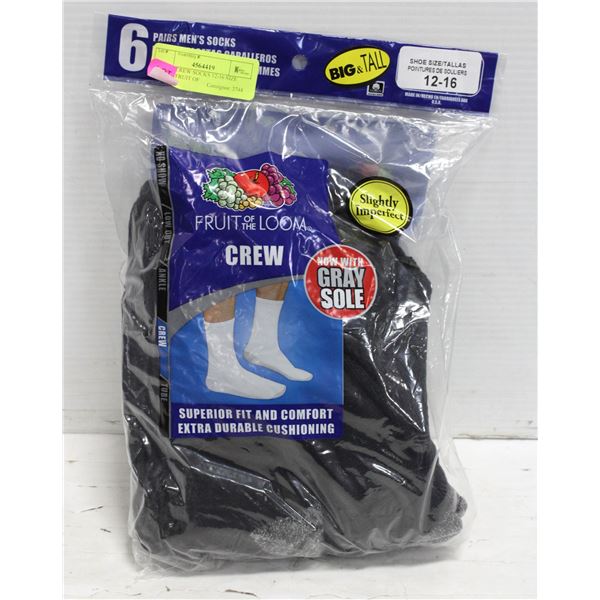 BLACK CREW SOCKS 12-16 SIZE 6-PACK FRUIT OF