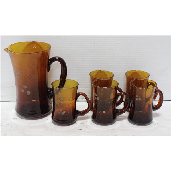 VINTAGE AMBER ETCHED GLASS HANDCRAFTED SPAIN