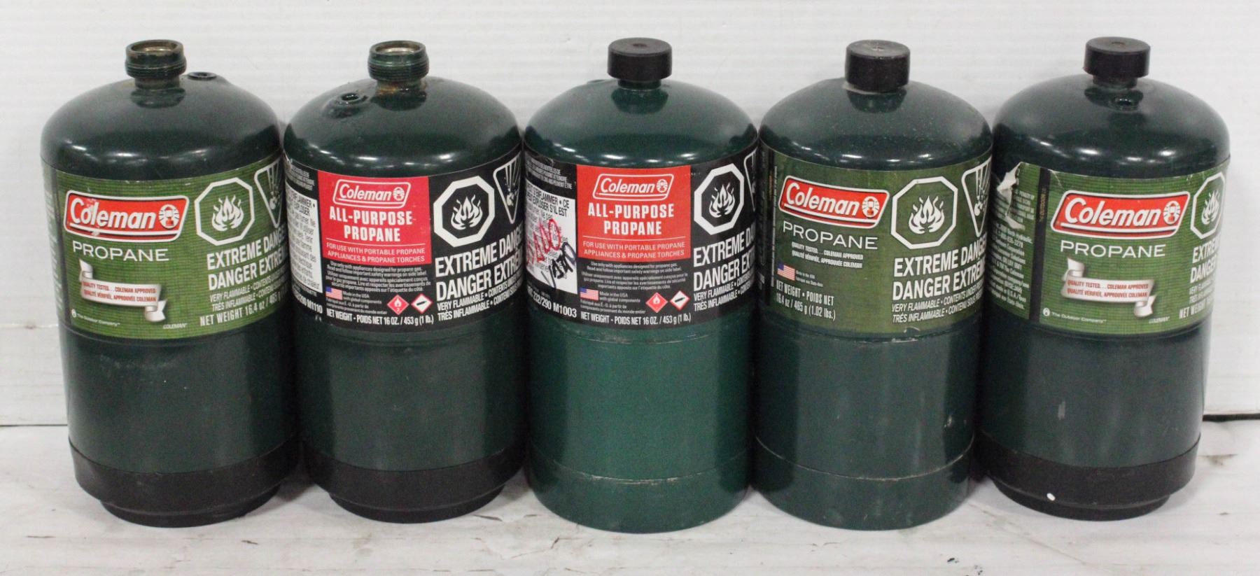 LOT OF 6 FULL MINI GREEN PROPANE TANKS