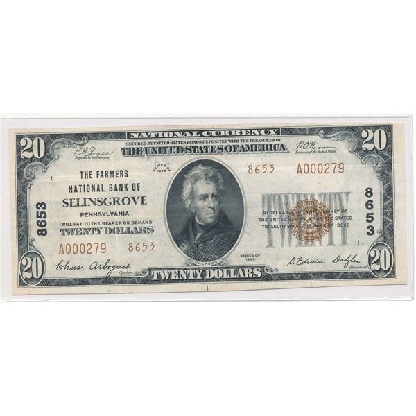 1929 The Farmers National Bank Of Selinsgrove Pennsylvania $20 Note