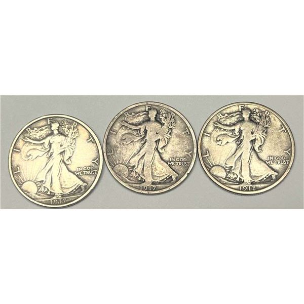 1917-1918-S Walking Liberty Silver Half Dollars VG-VF (3-coins)