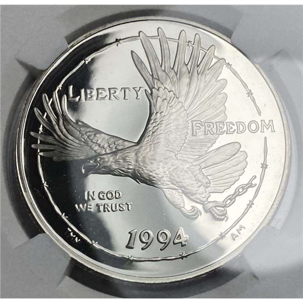 Mint Error 1994-P Pow Museum Silver Dollar NGC PF68 UC Finned Rim