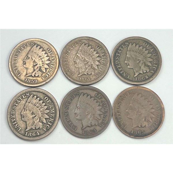 1859-1965 Indian Cent VG-XF (6-coins)
