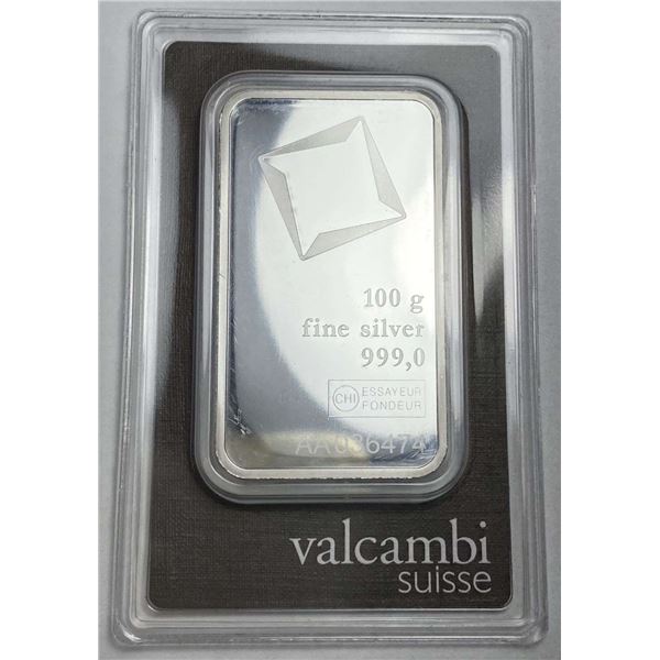 Valcambi Suisse 100g .999 Silver Bar