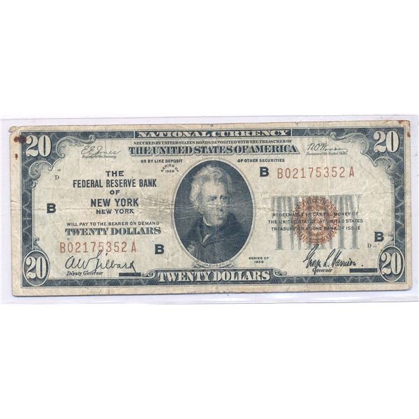 1929 The Federal Reserve Bank Of New York, New York $20 Note Fine