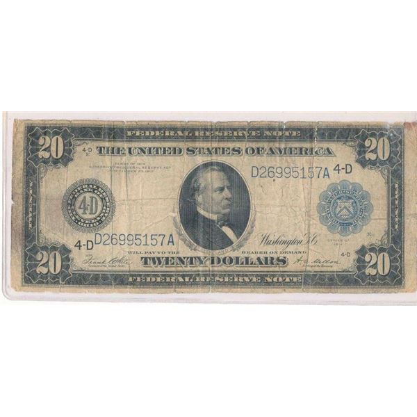 1913 United States Federal Reserve $20 Note Good