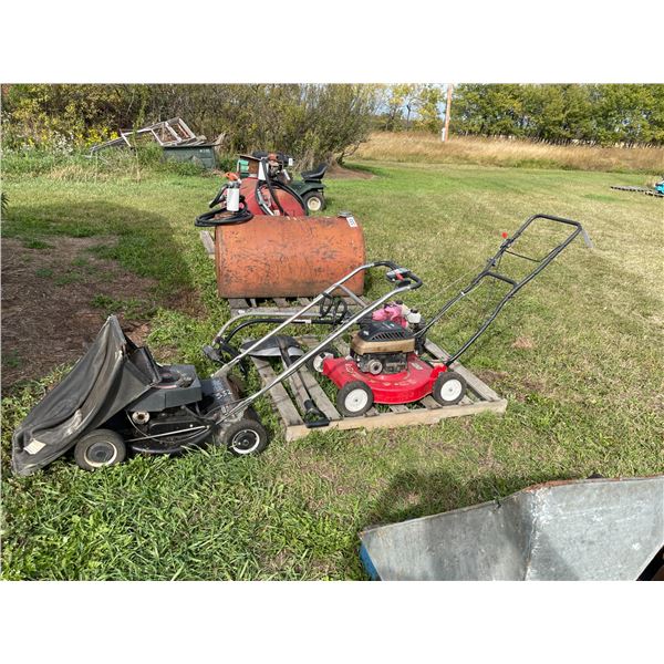 Mower, gas, 2- weed eaters, shovels