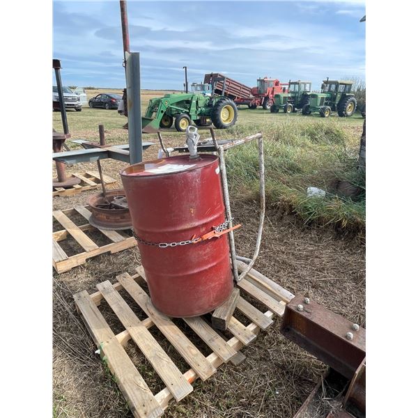 Barrel, barrel cart, Delvac oil, Approx. 1/2 full