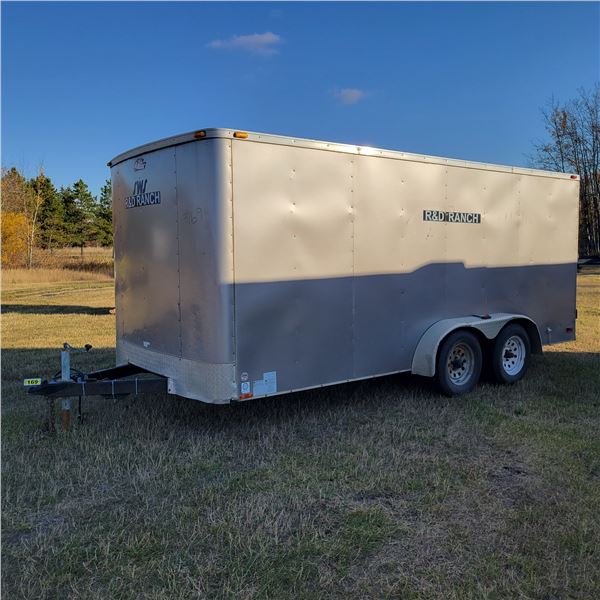 2015 Grey 16ft Tandem Axle Enclosed Trailer c/w spare & barn doors w/ 32in side door, SN. 5NHU