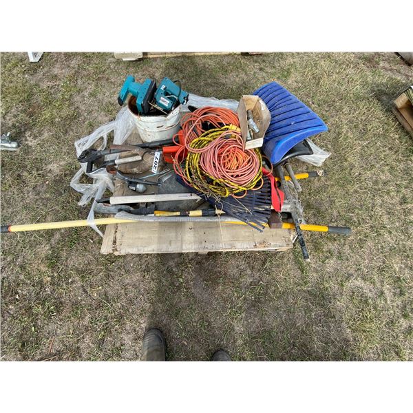 Pallet of misc. cords, Makita tools, snow shovels, postal auger