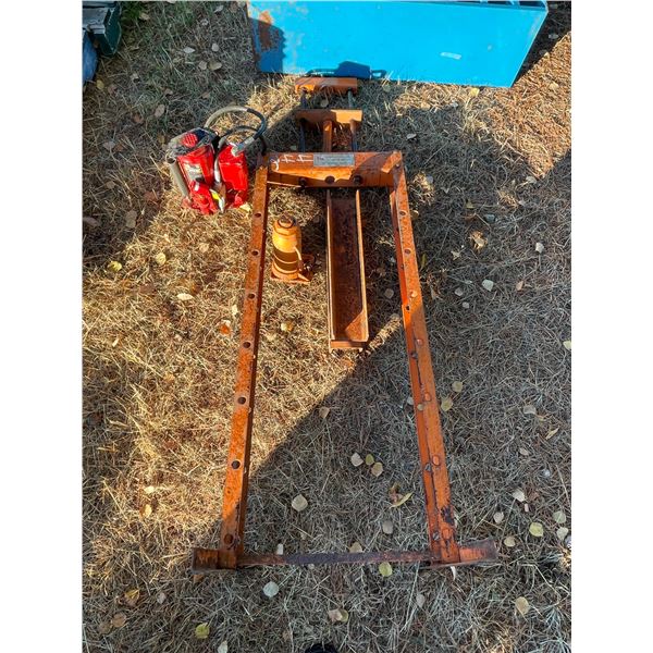 Air Operated hydraulic jack (20 ton), 12 ton bearing press & blue bulk bin