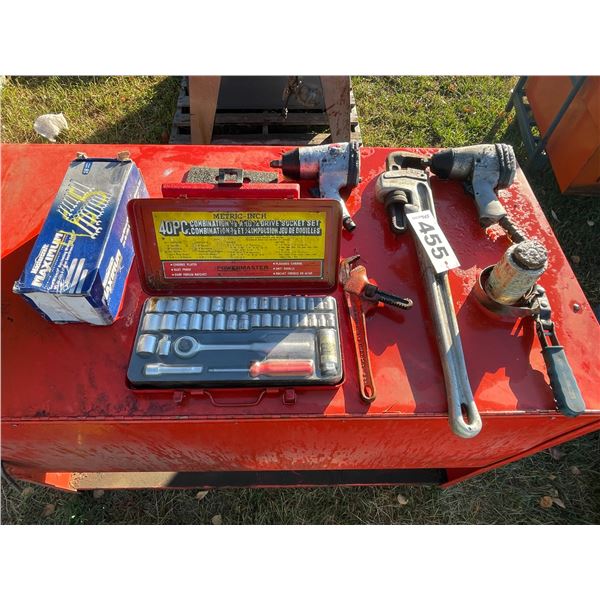 2 Air Impact, 2 pipe wrenches, socket set, 18pc ratcheting wrench set, pully remover