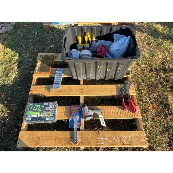 Air Impact, impact sockets, 12in crescents, 2pc, bin of tape, measuring tape, 14pc chisel set, paint