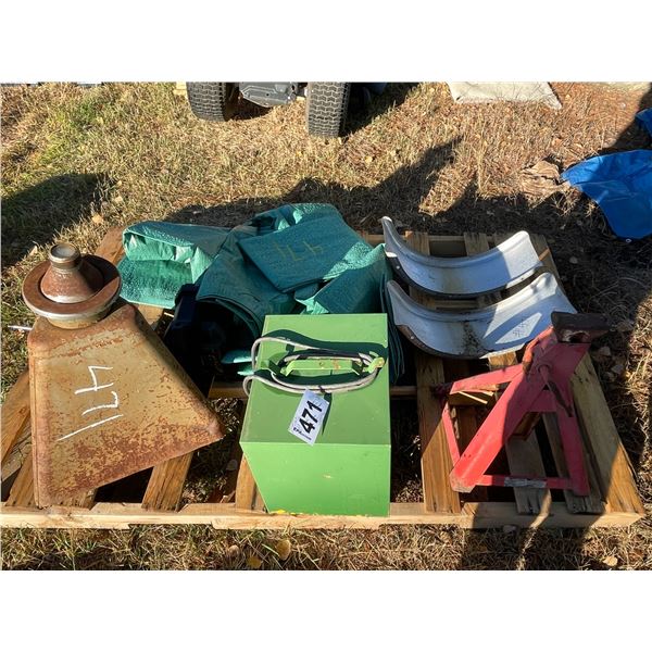 Tire balancer, Industrial heater, 1 jack stand, 2 fenders, battery box, 4 new tarps