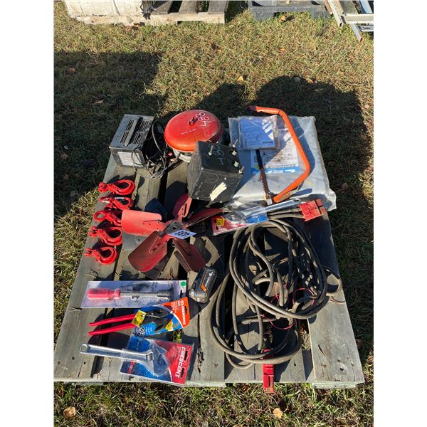 1 10x12 Tarp, 2 12in crescent wrench, Rigid 18v battery charger, nail puller, seal puller, fan blade