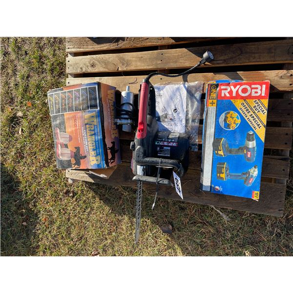 Ryobi Drill & Impact driver kit, circulating heater, chainsaw, wrangler truck seat cover, works