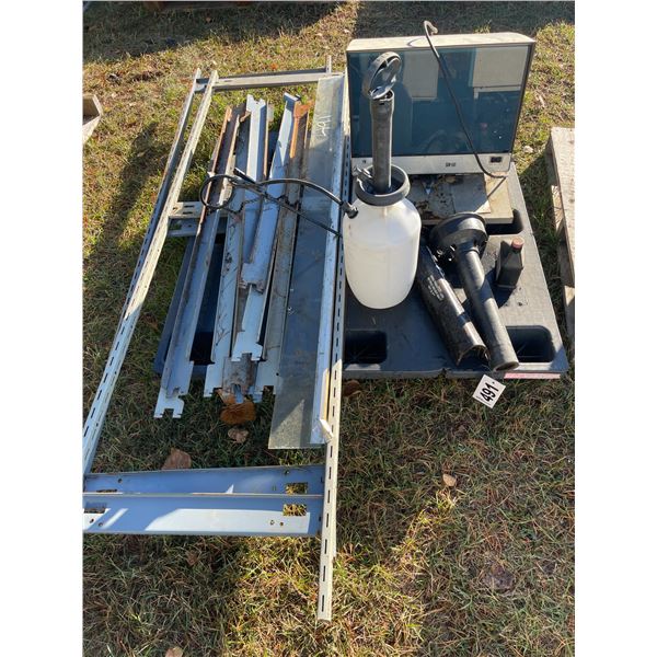 Misc. Shelving, hand sprayer, tining bar, Ram lock, old microfish