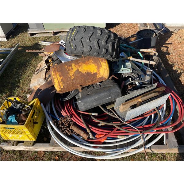 1 Lrg roll of good air hose, misc. metals, tools, yellow pickup teeth