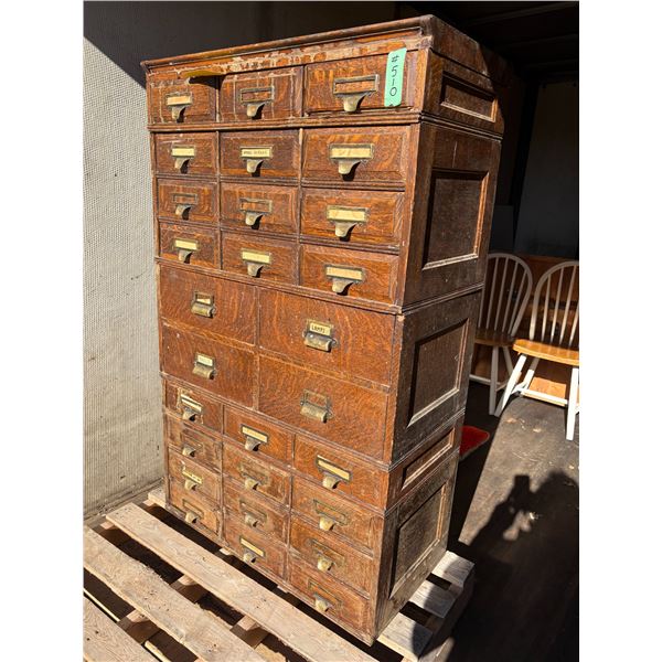 V old 33w x 54in H x 17in W 28 drawer cabinet made by Office Speciality Mfg. Ltd