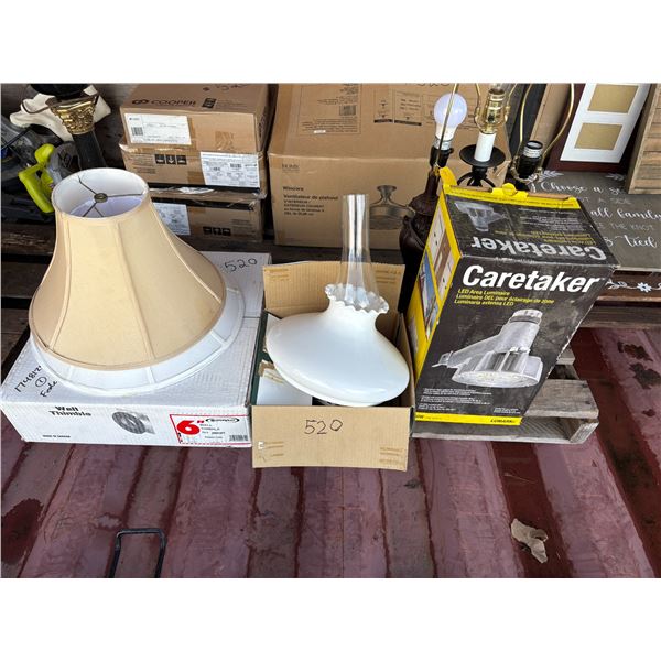 Pallet of various lamps, lights & shades, yard light simple kit