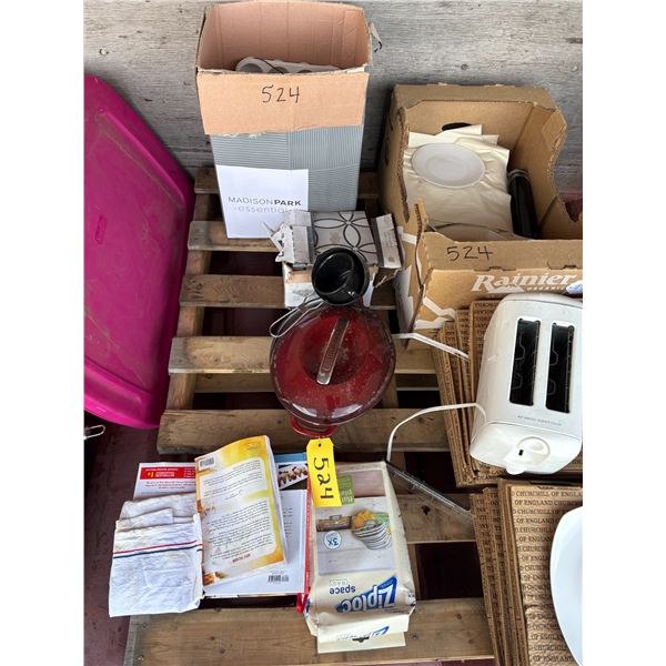 Pallet of dishes, plates, toaster, books, Kitchen Aid pot